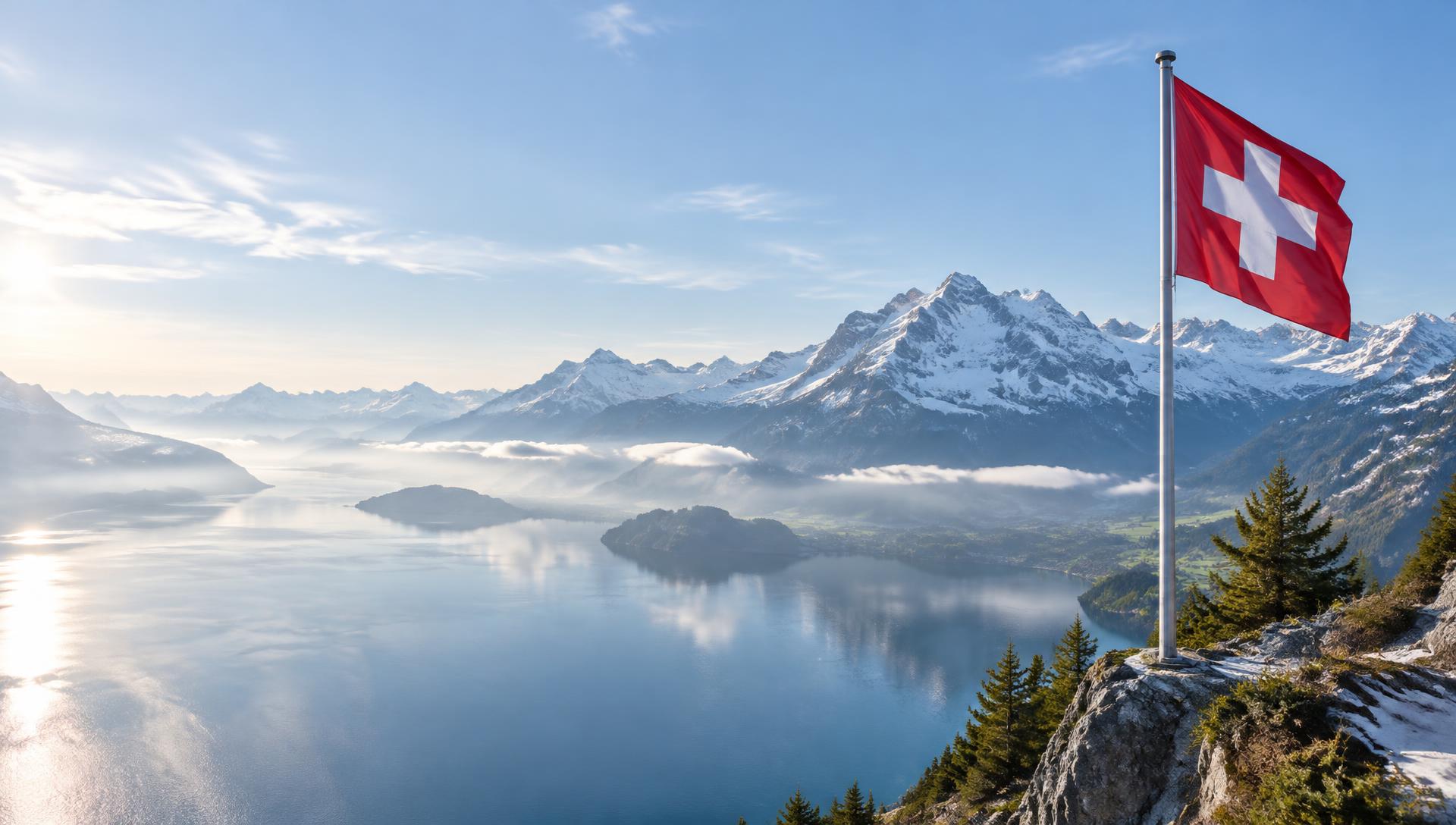 Schweizer Berglandschaft mit See und Schweizer Fahne